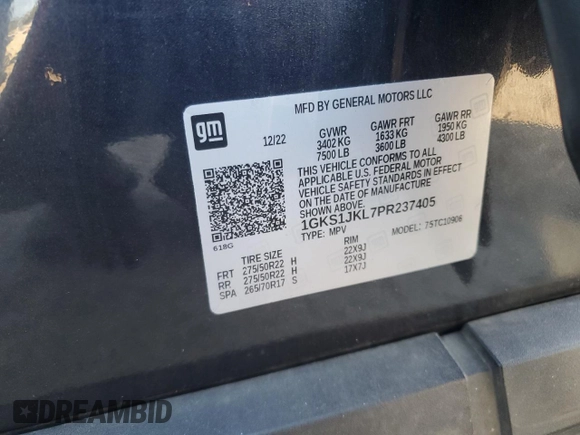 2023 GMC Yukon XL Denali with VIN 1GKS1JKL7PR237405, listed as a Copart auction lot 43747105 with 47,852 mi miles and Clean Title. Bid and sale history available at carsss.com. Image 13.