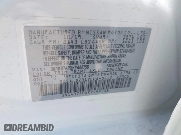 2019 Nissan Sentra SV with VIN 3N1AB7APXKY444758, listed as a IAAI auction lot 42080436 with 65,322 mi miles and . Bid and sale history available at DreamBid. Image 9.