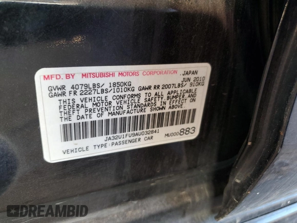 2010 Mitsubishi Lancer DE with VIN JA32U1FU9AU032841, listed as a Copart auction lot 54916505 with 112,200 mi miles and Clean Title. Bid and sale history available at carsss.com. Image 12.