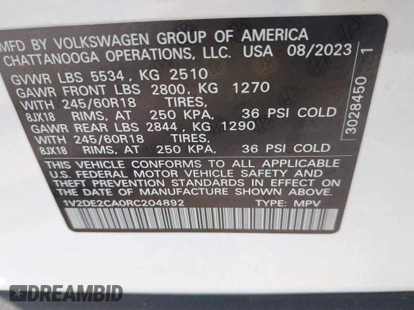 2024 Volkswagen Atlas SE with VIN 1V2DE2CA0RC204892, listed as a IAAI auction lot 41705913 with 12,337 mi miles and . Bid and sale history available at DreamBid. Image 9.