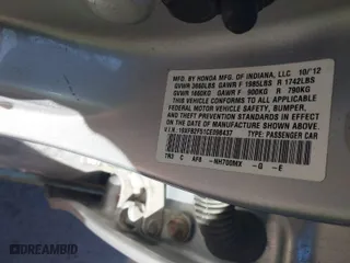 2012 Honda Civic Sdn LX with VIN 19XFB2F51CE098437, listed as a IAAI auction lot 41807527 with 178,169 mi miles. Bid and sale history available at carsss.com. Image 9.