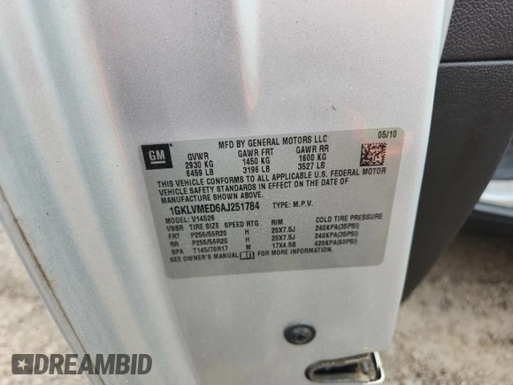 2010 GMC Acadia SLT1 with VIN 1GKLVMED6AJ251784, listed as a Copart auction lot 64875995 with Not provided miles and Clean title. Bid and sale history available at DreamBid. Image 12.