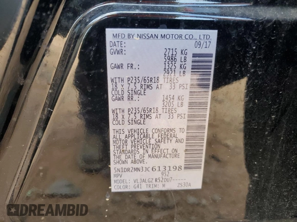 2018 Nissan Pathfinder SL with VIN 5N1DR2MN3JC613198, listed as a Copart auction lot 44423035 with 168,744 mi miles and Salvage title. Bid and sale history available at DreamBid. Image 15.