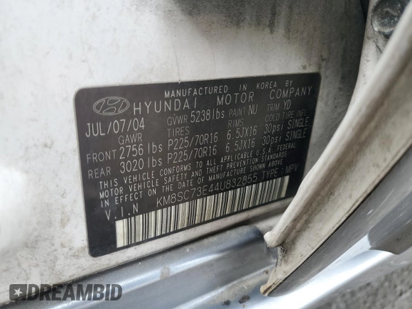 2004 Hyundai Santa Fe GLS with VIN KM8SC73E44U832855, listed as a Copart auction lot 46300455 with 89,357 mi miles and Clean Title. Bid and sale history available at carsss.com. Image 13.