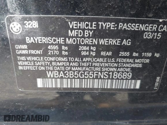2015 BMW 3 Series 328i xDrive с VIN WBA3B5G55FNS18689, выставлен на аукционе IAAI как лот 42188139 с пробегом 90 612 миль миль и . История ставок и продаж доступна на DreamBid. Изображение 9.