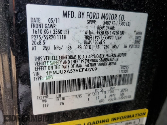 2011 Ford Expedition Limited with VIN 1FMJU2A53BEF42709, listed as a Copart auction lot 56791995 with 130,867 mi miles and Salvage title. Bid and sale history available at DreamBid. Image 13.