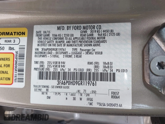 2016 Ford Fusion SE с VIN 3FA6P0HD9GR119761, выставлен на аукционе IAAI как лот 41343060 с пробегом 102 450 миль миль и . История ставок и продаж доступна на DreamBid. Изображение 9.