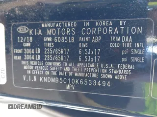 2019 Kia Sedona EX with VIN KNDMB5C10K6533494, listed as a IAAI auction lot 41798853 with 52,114 mi miles. Bid and sale history available at carsss.com. Image 9.