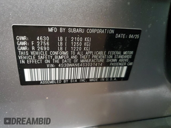 2025 Subaru Legacy Limited with VIN 4S3BWAN64S3021414, listed as a Copart auction lot 61032805 with 6 mi miles and Salvage title. Bid and sale history available at DreamBid. Image 12.