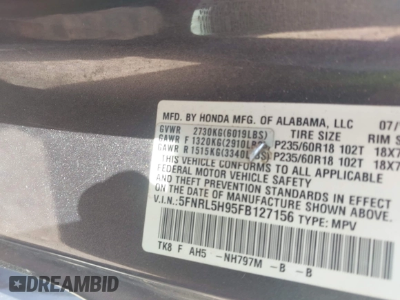 2015 Honda Odyssey Touring Elite with VIN 5FNRL5H95FB127156, listed as a IAAI auction lot 42618059 with 160,074 mi miles and . Bid and sale history available at DreamBid. Image 9.