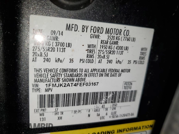2015 Ford Expedition Max Limited with VIN 1FMJK2AT4FEF03167, listed as a Copart auction lot 52597275 with 232,991 mi miles and Clean title. Bid and sale history available at DreamBid. Image 13.