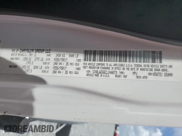 2012 Jeep Wrangler Unlimited Sport with VIN 1C4BJWDG6CL240673, listed as a Copart auction lot 60669625 with Not provided miles and Salvage title. Bid and sale history available at DreamBid. Image 13.