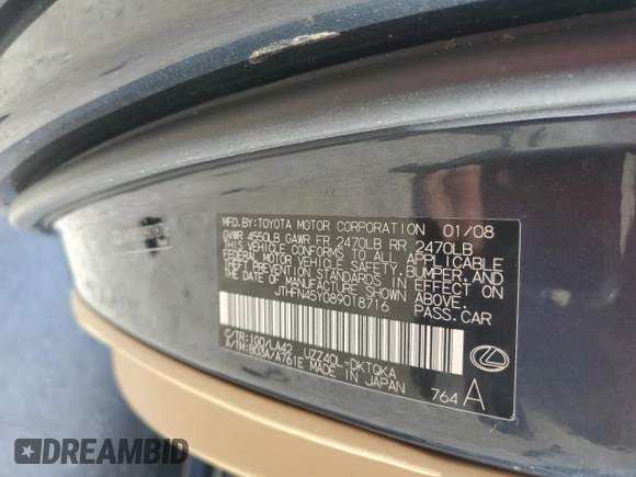 2008 Lexus SC 430 с VIN JTHFN45Y089018716, выставлен на аукционе Copart как лот 72526044 с пробегом 66 458 миль миль и Списание • Salvage title. История ставок и продаж доступна на DreamBid. Изображение 13.