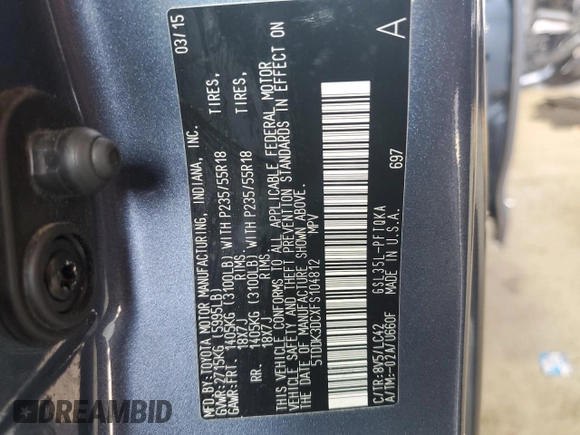 2015 Toyota Sienna Limited z VIN 5TDDK3DCXFS104812, wystawiony jako Copart lot #64131875 z przebiegiem 145 000 mil mil oraz Szkoda całkowita • Salvage title. Historia ofert i sprzedaży dostępna na DreamBid. Obrazek 14.