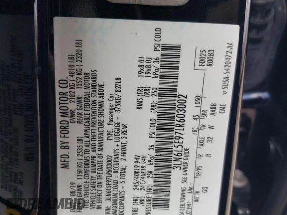 2020 Lincoln MKZ Reserve с VIN 3LN6L5E97LR603002, выставлен на аукционе Copart как лот 60979945 с пробегом 36 682 миль миль и Списание • Salvage title. История ставок и продаж доступна на DreamBid. Изображение 12.