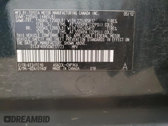 2012 Toyota RAV4 with VIN 2T3JF4DV5CW217723, listed as a Copart auction lot 54143655 with 134,421 mi miles and Salvage Title. Bid and sale history available at carsss.com. Image 12.