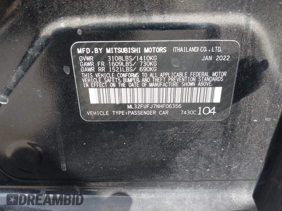 2022 Mitsubishi Mirage ES with VIN ML32FUFJ7NHF06356, listed as a IAAI auction lot 41815806 with 30,873 mi miles and . Bid and sale history available at DreamBid. Image 9.