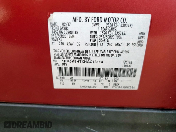 2017 Ford Explorer Platinum с VIN 1FM5K8HTXHGC13114, выставлен на аукционе Copart как лот 60691625 с пробегом 147 113 миль миль и Списание • Salvage title. История ставок и продаж доступна на DreamBid. Изображение 14.