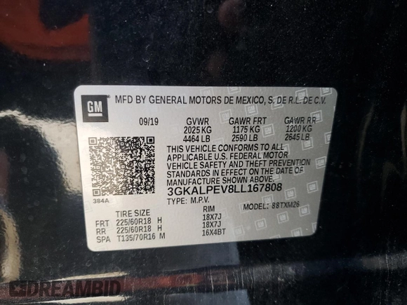 2020 GMC Terrain SLT with VIN 3GKALPEV8LL167808, listed as a Copart auction lot 48208095 with 84,006 mi miles and Salvage Title. Bid and sale history available at DreamBid. Image 12.