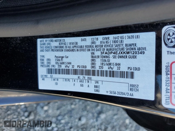 2019 Ford Fiesta SE with VIN 3FADP4EJXKM120349, listed as a Copart auction lot 54972535 with 56,084 mi miles and Salvage Title. Bid and sale history available at DreamBid. Image 12.