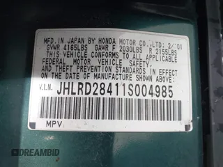 2001 Honda CR-V LX with VIN JHLRD28411S004985, listed as a IAAI auction lot 41735083 with 228,777 mi miles. Bid and sale history available at carsss.com. Image 9.