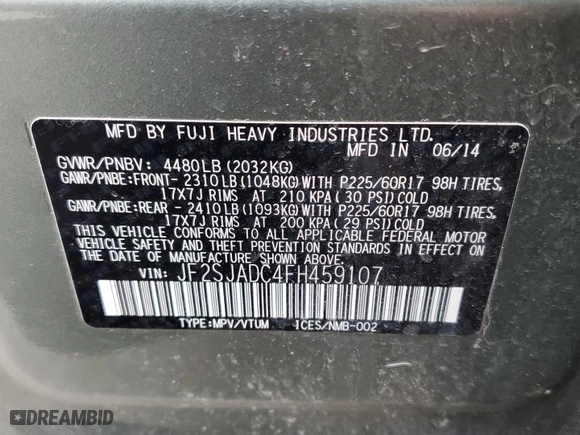 2015 Subaru Forester 2.5i Premium with VIN JF2SJADC4FH459107, listed as a Copart auction lot 53522225 with 34,277 mi miles and Salvage Title. Bid and sale history available at carsss.com. Image 13.
