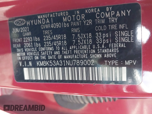 2022 Hyundai Kona Limited with VIN KM8K53A31NU789002, listed as a IAAI auction lot 41299502 with 44,424 mi miles. Bid and sale history available at carsss.com. Image 9.