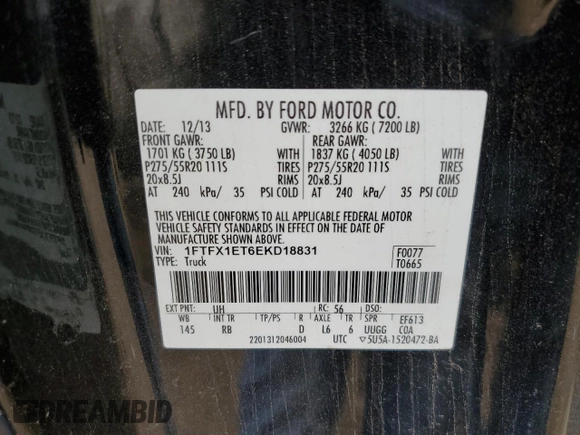 2014 Ford F-150 XL with VIN 1FTFX1ET6EKD18831, listed as a Copart auction lot 62609745 with 196,096 mi miles and Clean title. Bid and sale history available at DreamBid. Image 12.
