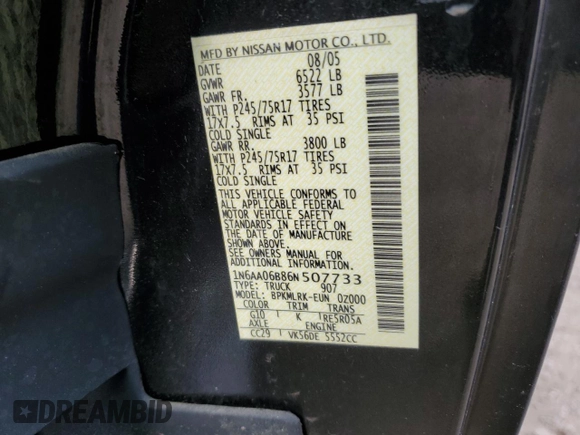 2006 Nissan Titan XE with VIN 1N6AA06B86N507733, listed as a Copart auction lot 59610765 with 175,877 mi miles and Salvage title. Bid and sale history available at DreamBid. Image 12.
