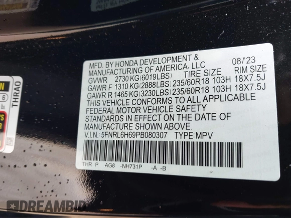 2023 Honda Odyssey EX-L with VIN 5FNRL6H69PB080307, listed as a IAAI auction lot 41555471 with 19,991 mi miles. Bid and sale history available at carsss.com. Image 9.
