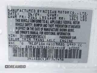 2024 Nissan Sentra SV with VIN 3N1AB8CV3RY367498, listed as a IAAI auction lot 41700309 with 1,705 mi miles and . Bid and sale history available at DreamBid. Image 9.