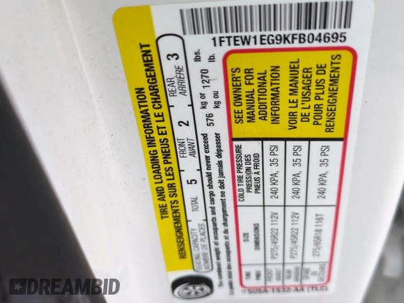 2019 Ford F-150 Limited with VIN 1FTEW1EG9KFB04695, listed as a Copart auction lot 47991505 with 89,588 mi miles and Salvage Title. Bid and sale history available at carsss.com. Image 12.