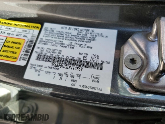 2020 Ford Fusion SE z VIN 3FA6P0LU2LR114869, wystawiony jako Copart lot #58255265 z przebiegiem 93 131 mil mil oraz Szkoda całkowita • Salvage title. Historia ofert i sprzedaży dostępna na DreamBid. Obrazek 12.