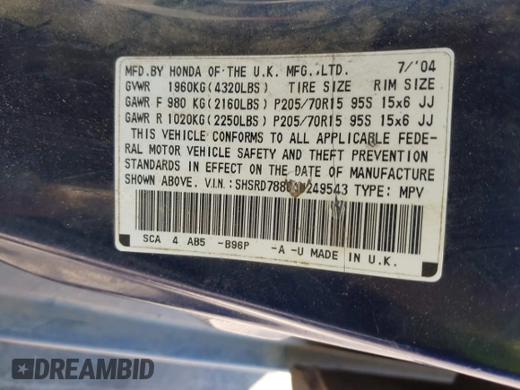 2004 Honda CR-V EX with VIN SHSRD78804U249543, listed as a IAAI auction lot 42040422 with 280,960 mi miles and . Bid and sale history available at carsss.com. Image 9.