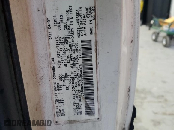 1997 Toyota T100 SR5 with VIN JT4UN24D9V0048079, listed as a Copart auction lot 87042344 with 303,785 mi miles and Salvage Title. Bid and sale history available at DreamBid. Image 12.