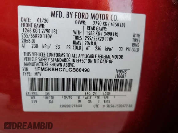 2020 Ford Explorer Platinum with VIN 1FM5K8HC7LGB80498, listed as a Copart auction lot 84075354 with 53,302 mi miles and Salvage Title. Bid and sale history available at carsss.com. Image 13.