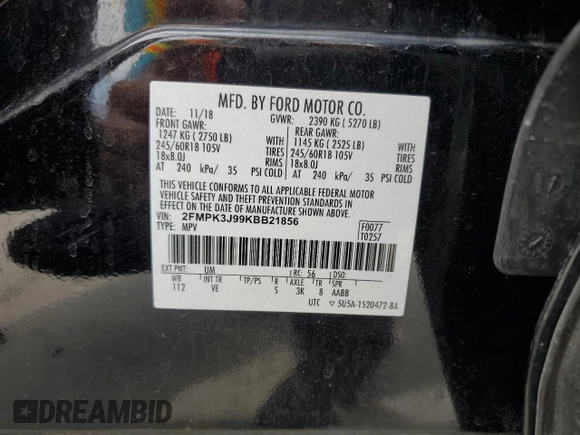2019 Ford Edge SEL z VIN 2FMPK3J99KBB21856, wystawiony jako Copart lot #53104645 z przebiegiem 98 419 mil mil oraz Szkoda całkowita • Salvage title. Historia ofert i sprzedaży dostępna na DreamBid. Obrazek 14.