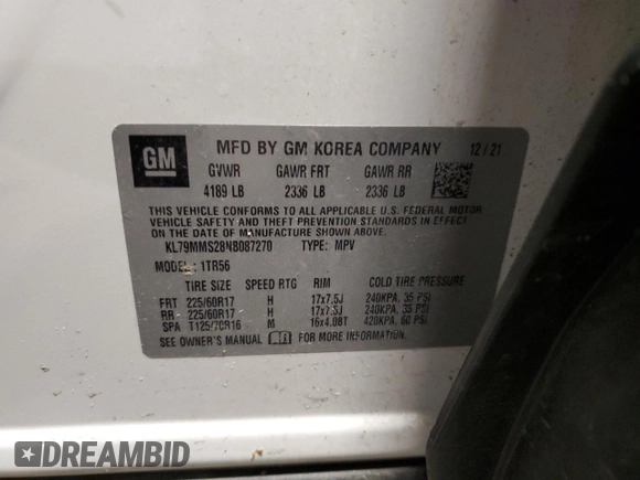 2022 Chevrolet TrailBlazer LS with VIN KL79MMS28NB087270, listed as a Copart auction lot 53254505 with 49,575 mi miles and Salvage Title. Bid and sale history available at DreamBid. Image 13.