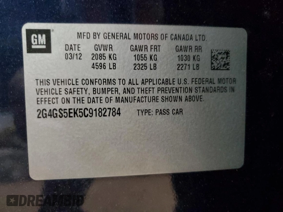 2012 Buick Regal Premium 1 with VIN 2G4GS5EK5C9182784, listed as a Copart auction lot 61051135 with Not provided miles and Non repairable. Bid and sale history available at DreamBid. Image 14.