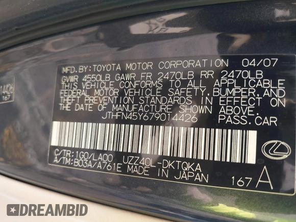 2007 Lexus SC 430 with VIN JTHFN45Y679014426, listed as a IAAI auction lot 41408502 with 202,274 mi miles and . Bid and sale history available at DreamBid. Image 9.