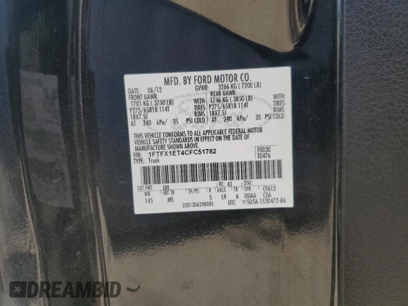 2012 Ford F-150 XL with VIN 1FTFX1ET4CFC51782, listed as a Copart auction lot 60707485 with 124,671 mi miles and Clean title. Bid and sale history available at DreamBid. Image 12.