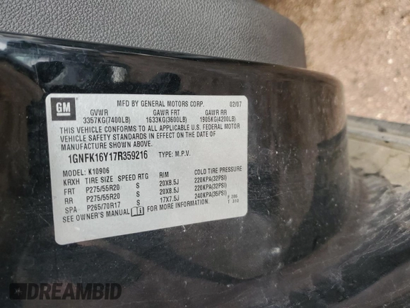 2007 Chevrolet Suburban LTZ with VIN 1GNFK16Y17R359216, listed as a Copart auction lot 71832284 with 0 mi miles and Salvage Title. Bid and sale history available at carsss.com. Image 14.