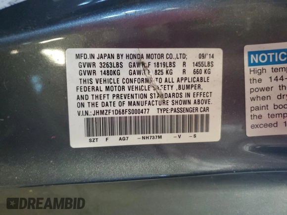 2015 Honda CR-Z EX with VIN JHMZF1D68FS000477, listed as a Copart auction lot 75203534 with 271,471 mi miles and Clean Title. Bid and sale history available at carsss.com. Image 12.