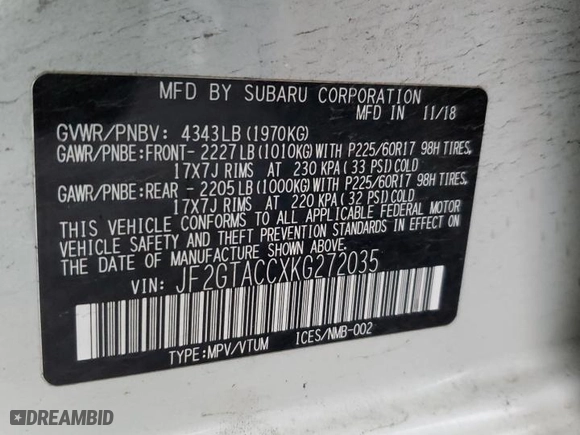 2019 Subaru Crosstrek Premium with VIN JF2GTACCXKG272035, listed as a Copart auction lot 80759384 with 68,819 mi miles and Salvage Title. Bid and sale history available at carsss.com. Image 12.