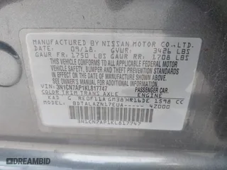 2019 Nissan Versa Sedan SV with VIN 3N1CN7AP1KL817747, listed as a IAAI auction lot 40800785 with 95,598 mi miles. Bid and sale history available at carsss.com. Image 9.