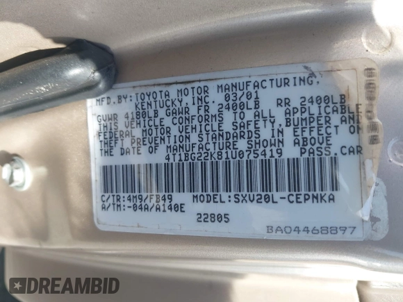 2001 Toyota Camry CE with VIN 4T1BG22K81U075419, listed as a IAAI auction lot 41994243 with 176,157 mi miles. Bid and sale history available at carsss.com. Image 9.