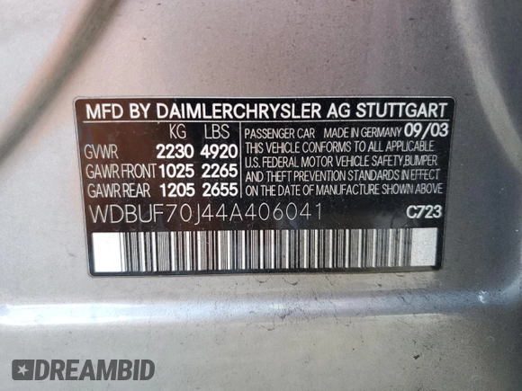 2004 Mercedes-Benz E-Class 5.0L with VIN WDBUF70J44A406041, listed as a Copart auction lot 80153574 with 0 mi miles and Salvage Title. Bid and sale history available at carsss.com. Image 12.