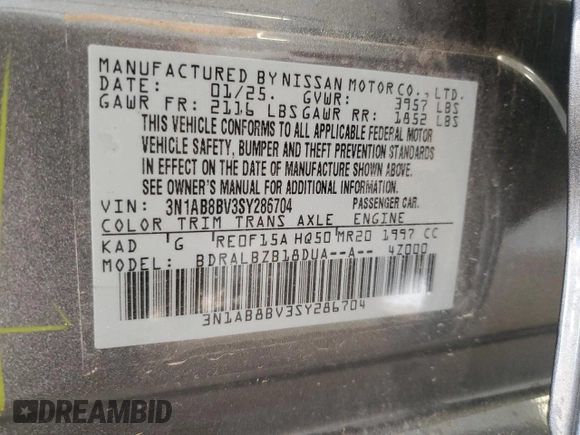 2025 Nissan Sentra S with VIN 3N1AB8BV3SY286704, listed as a Copart auction lot 52766135 with 4,168 mi miles and Salvage Title. Bid and sale history available at DreamBid. Image 12.