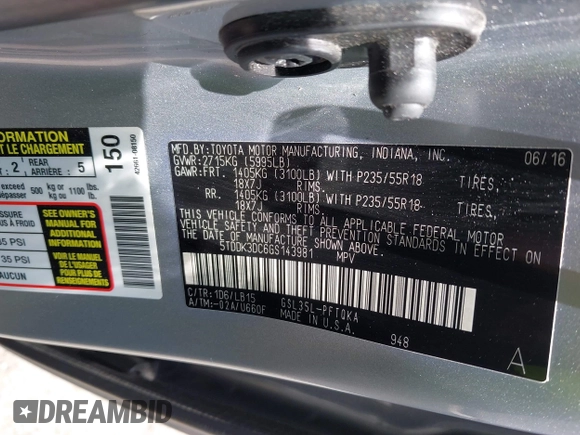2016 Toyota Sienna Limited z VIN 5TDDK3DC6GS143981, wystawiony jako IAAI lot #42094449 z przebiegiem 89 078 mil mil oraz . Historia ofert i sprzedaży dostępna na DreamBid. Obrazek 9.