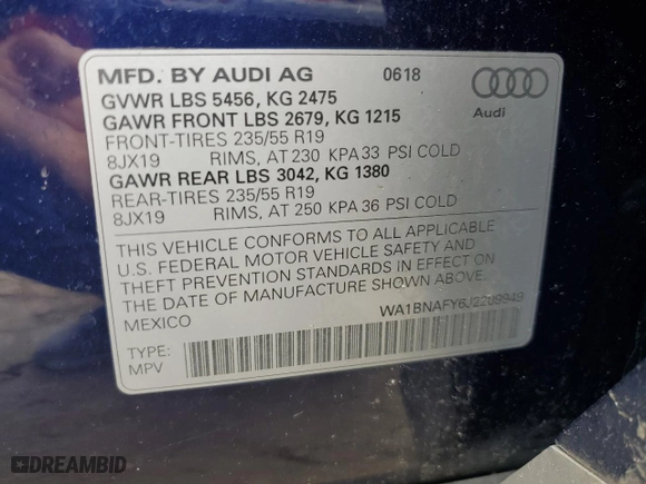 2018 Audi Q5 Premium Plus with VIN WA1BNAFY6J2209949, listed as a Copart auction lot 49224405 with 47,690 mi miles and Salvage Title. Bid and sale history available at carsss.com. Image 13.